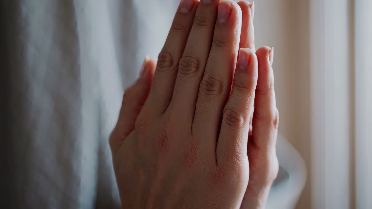 Close-up video still of hands in prayer position, softly lit by natural light from a window