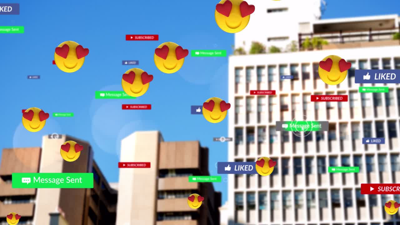 анимация падающих иконок социальных сетей и эмодзи над городским пейзажем