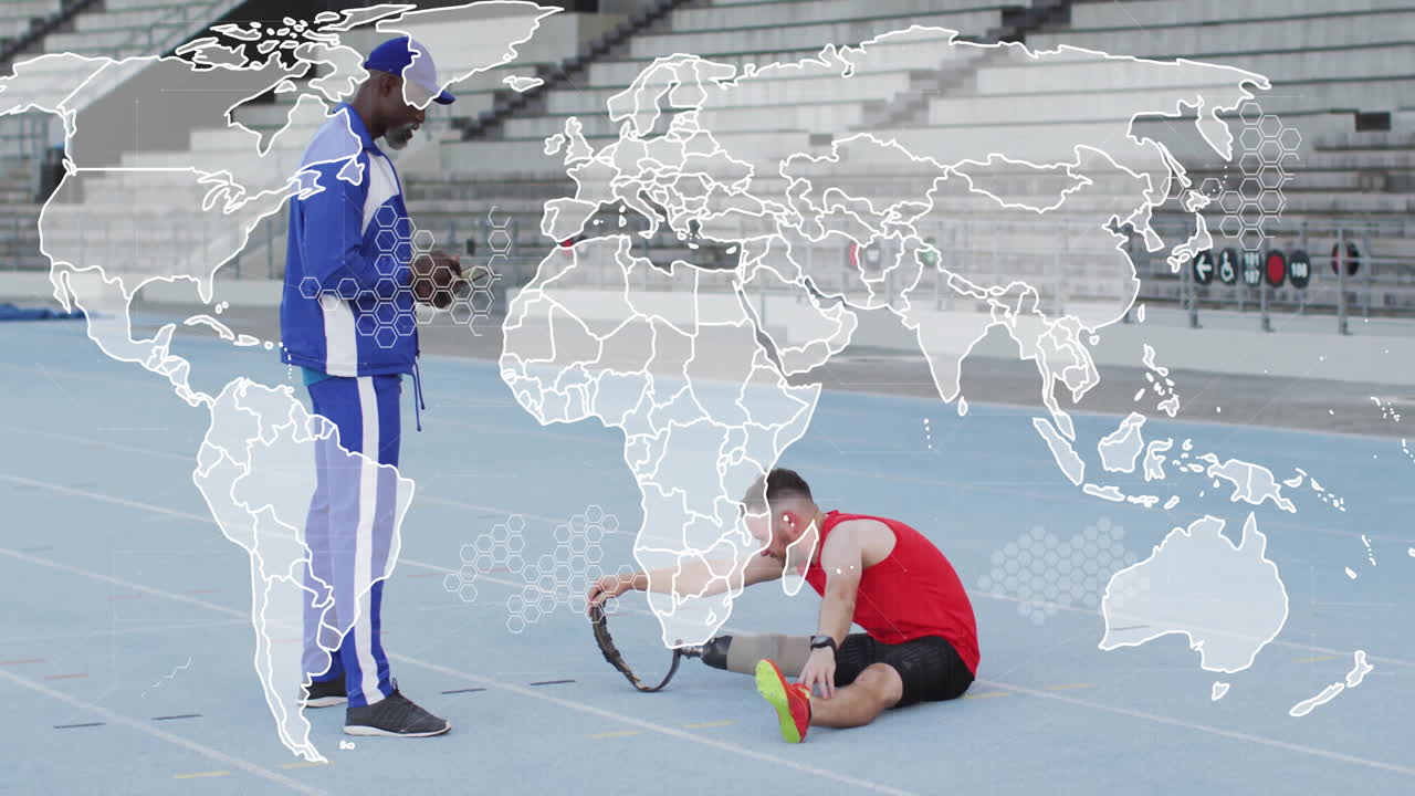 Athlete stretching on track with coach, world map overlay animation