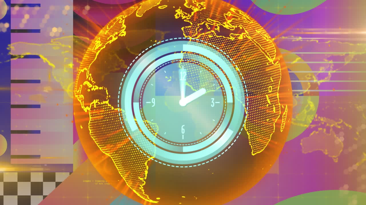 animación de un reloj que se mueve rápidamente por el globo con redes de conexiones y formas abstractas