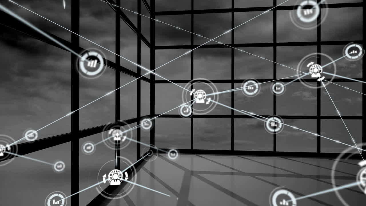 animación de la red de conexiones con iconos sobre la ventana y el cielo con nubes