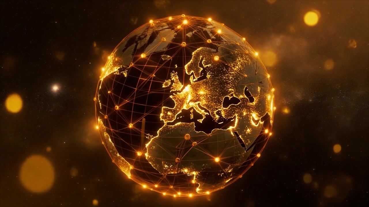 Mappamondo dorato digitale con connessioni di rete globali