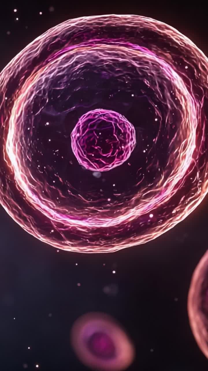 Un'affascinante visualizzazione di strutture cellulari in uno spazio mistico, che mette in mostra la complessità e la bellezza della vita a livello microscopico