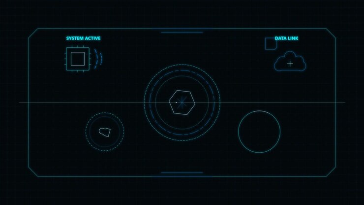 Futuristic Digital Interface with Rotating Hexagon and Data Icons