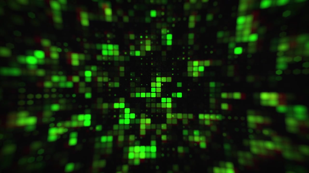Digital cyberspace-teknologi, oplyst flisegitter, 3D-animation, gradientbaggrund, abstrakt mønster, visuelle former, prikkede netværkssystemer, computergrafik i limegrøn.