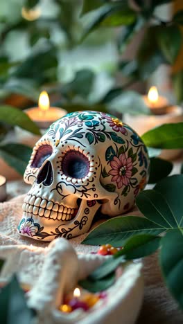 sugar skull decorated with flowers and candles