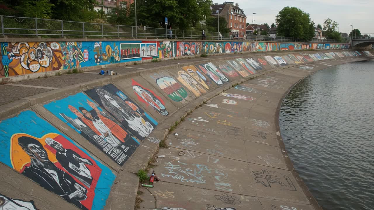 Levende urban kunstscene: En fantastisk utsikt over en utstilling av fargerike elvebredd-veggmalerier som viser frem ulike stiler og kunstneriske uttrykk av lokale kreative