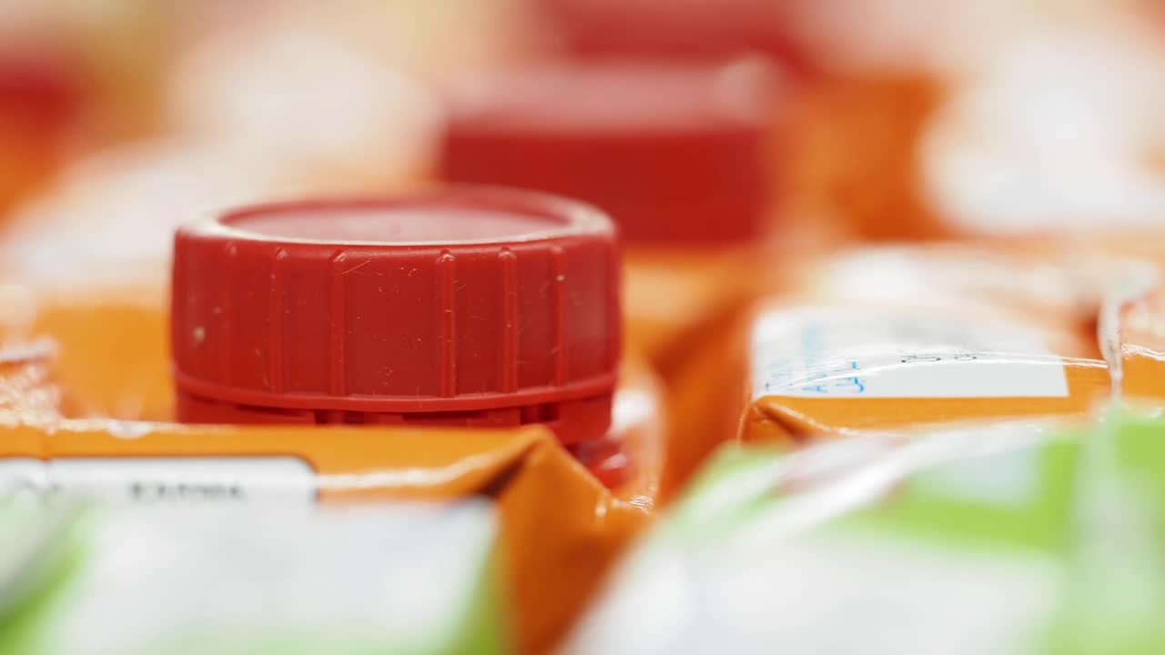 Close up of orange juice boxes with red caps