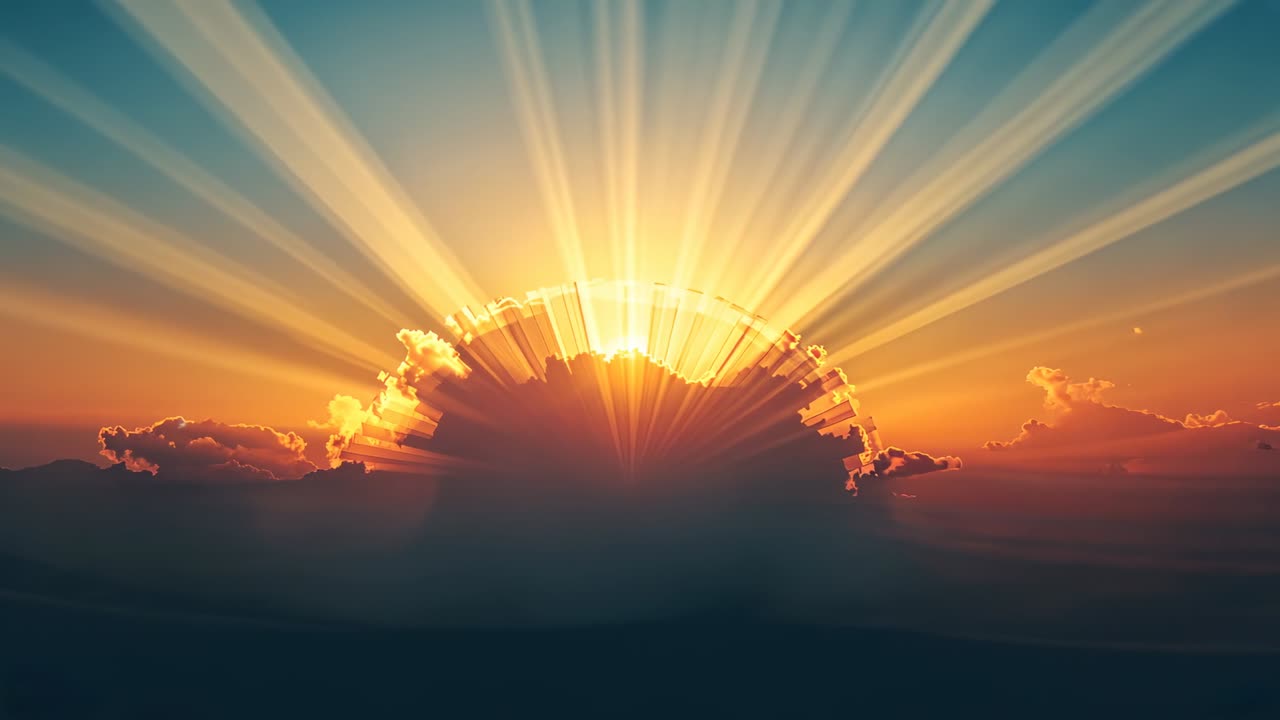Rising sun behind low cloud bank sending wide golden crepuscular rays across distant sea silhouette
