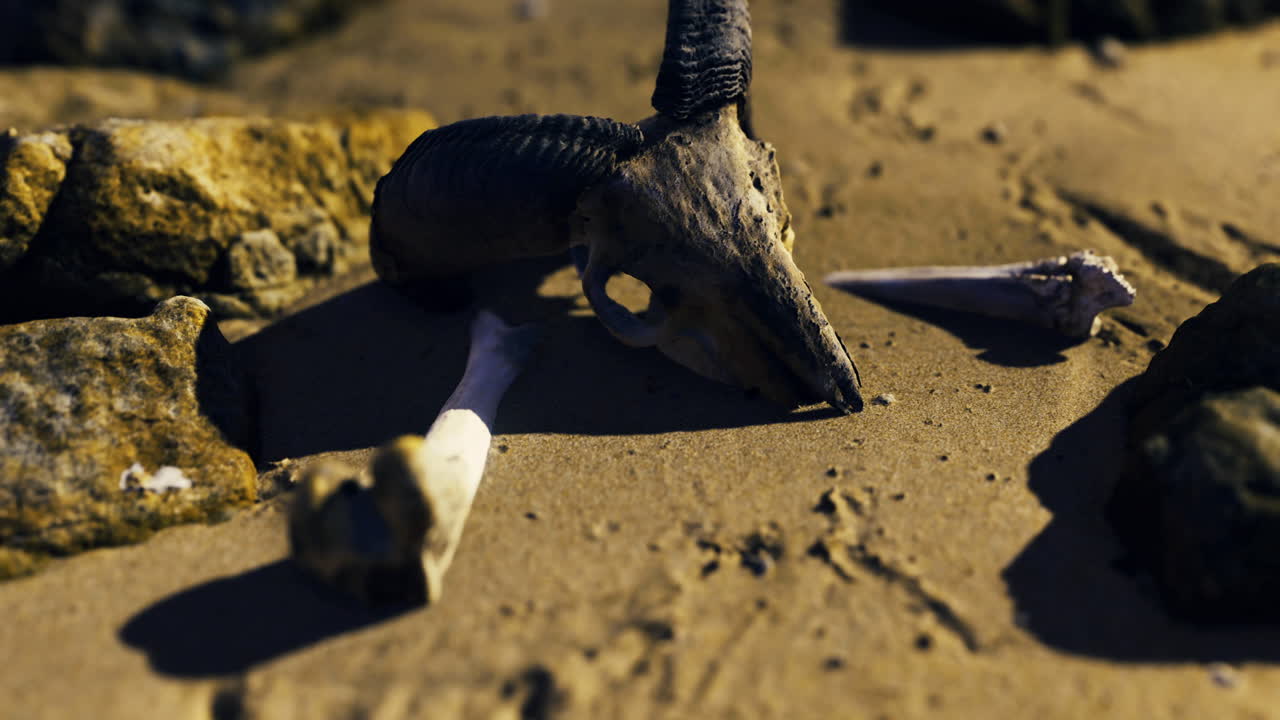 Fossilized animal remains discovered on sandy beach at sunset