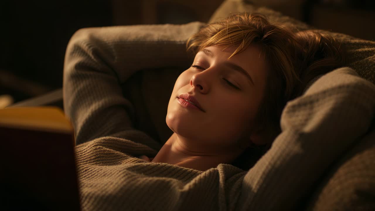 Finishing book, reclining woman in knit sweater settling into rest in living room, book lower left