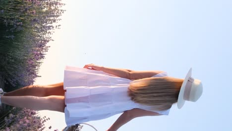 a slender woman in a beautiful white dress walks with a basket through a lavender field against a a slender woman in a beautiful white dress and hat walks with a basket through a lavender field against a blue sky in harmony with yourself provence lavender plantation