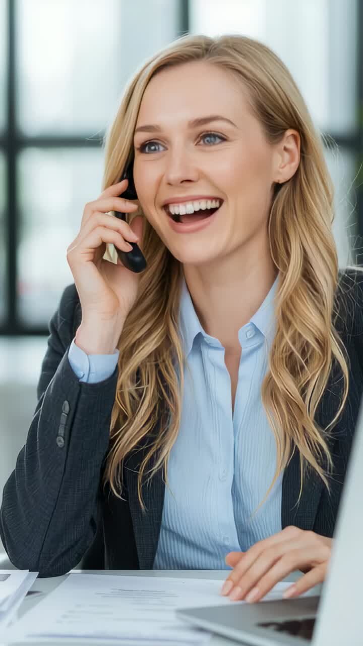 Vertical video: Phone ringing, woman in blazer laughing on phone at desk with laptop papers