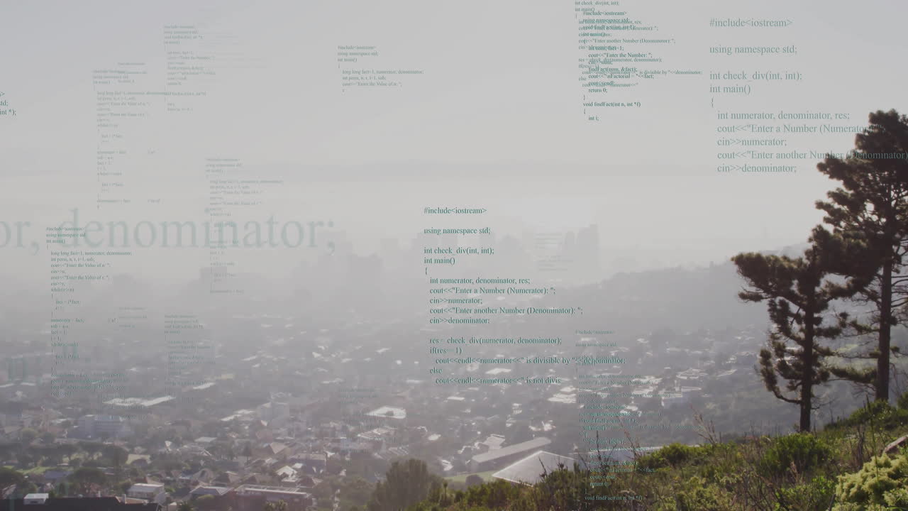 Overlaying computer code, cityscape with trees and buildings in background, animation