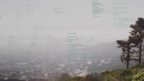 overlaying computer code, cityscape with trees and buildings in background, animation