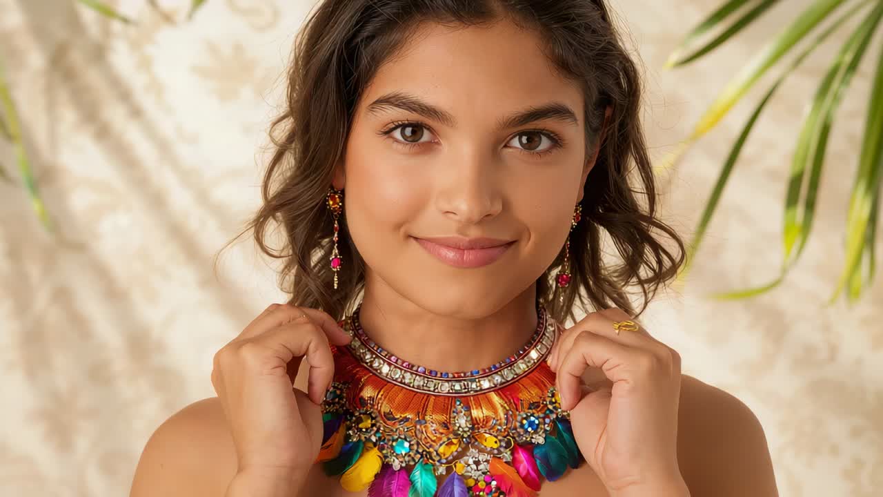 Adjusting model at start showing bright collar necklace at studio, with earrings and bare shoulders