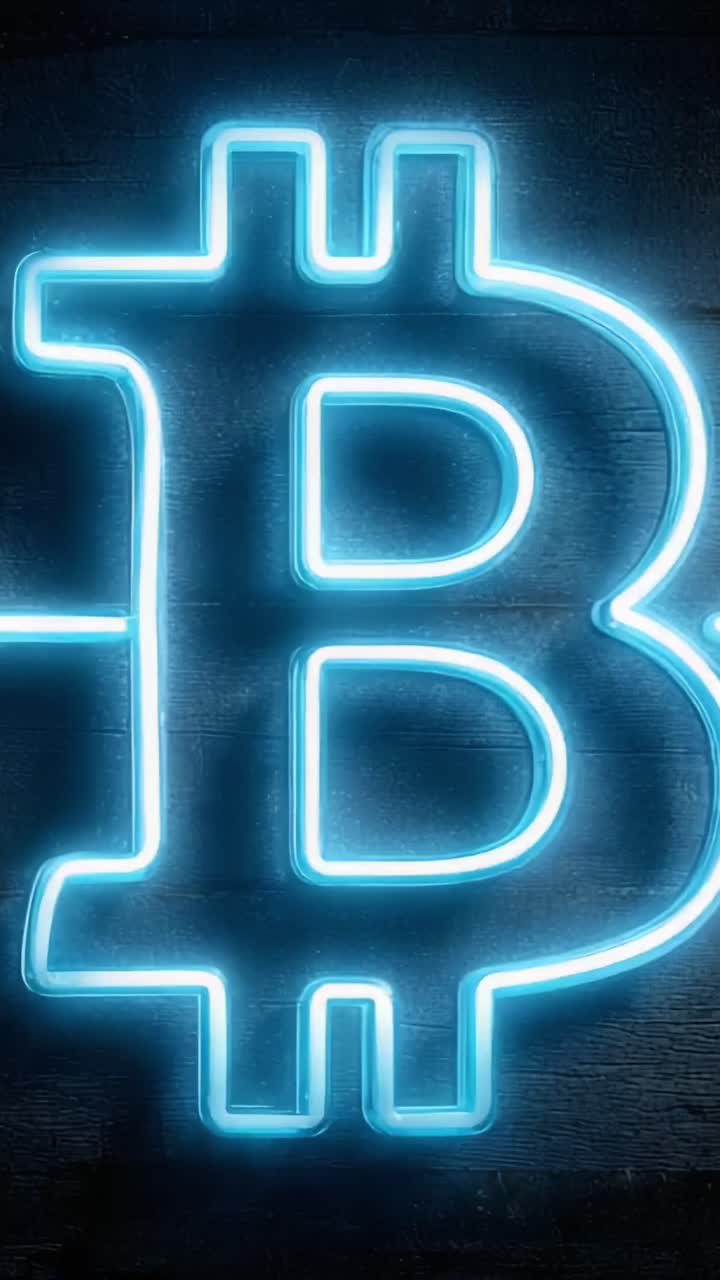 Símbolo de Bitcoin em néon iluminado, brilhando intensamente sobre um plano de fundo de madeira escura, representando a moeda digital e as finanças modernas