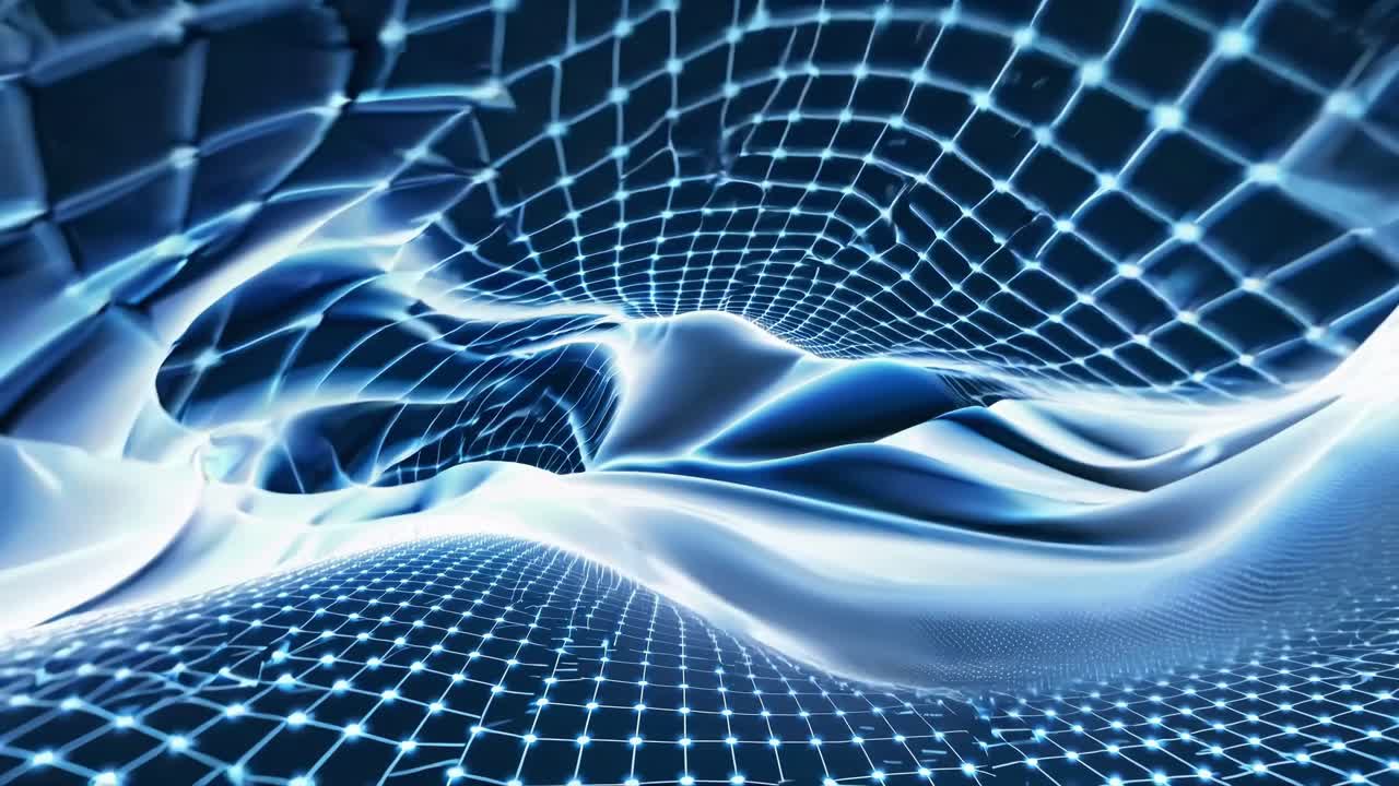 Abstract digital landscape with flowing blue waves and grid lines