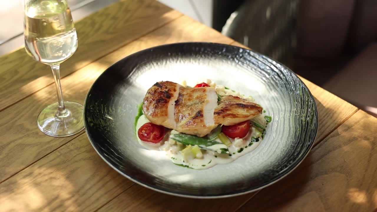 pollo a la parrilla con verduras y salsa de crema