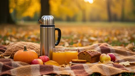 autumn picnic with pumpkin, apples, juice, and pumpkin bread