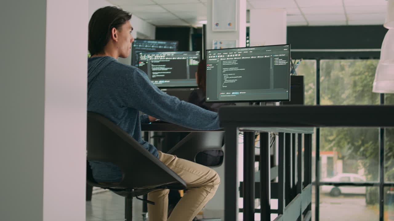 Database programer writing code on computer in software company office