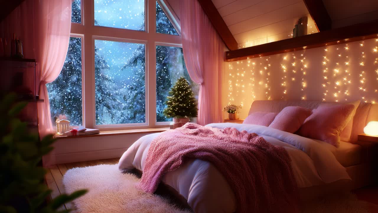 Cozy Winter Retreat: A Serene Bedroom Adorned with Soft Pink Textiles and Twinkling Lights, Enjoying the Enchanting Snowy View Through Large Windows Amidst a Peaceful Winter Wonderland