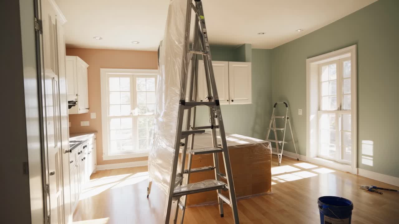 Groothoekopname van een zonovergoten kamer die wordt gerenoveerd, met ladders en uitgepakte meubels