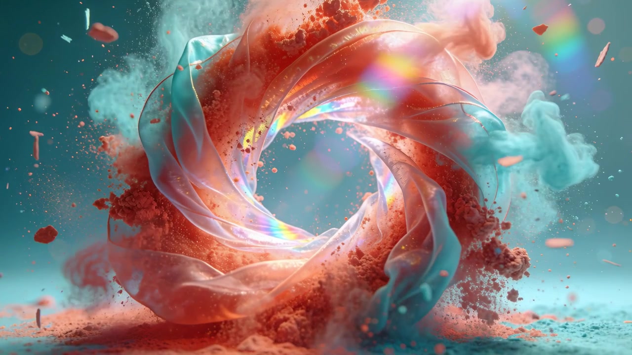 Forming torus swirl from hollow core in studio, emitting red-orange and teal dust, twisting ribbons