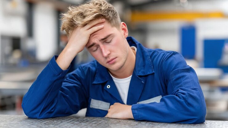 En ung mannlig arbeider i blå kjeledress reflekterer bekymret, og viser tegn på stress og ettertanke i et verkstedmiljø
