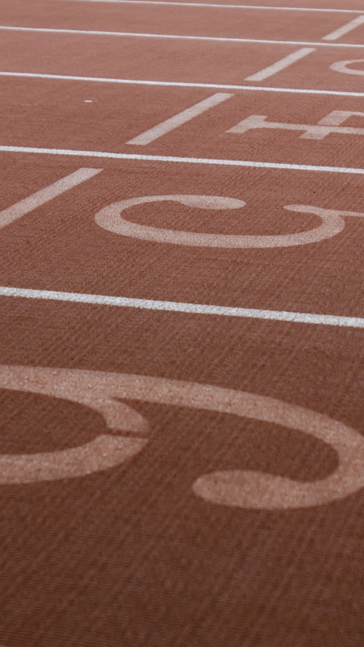 A close-up view of an empty running track with lane markings and numbers