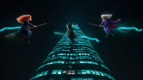 dynamic play of sorcery: two enchanting witches in mid-air battle with electric energy against a towering urban skyline at night