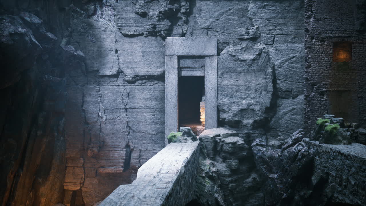 Mysterious ancient stone structure in a dark cave environment