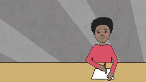 writing on paper, animated person holding pencil and thinking about schoolwork