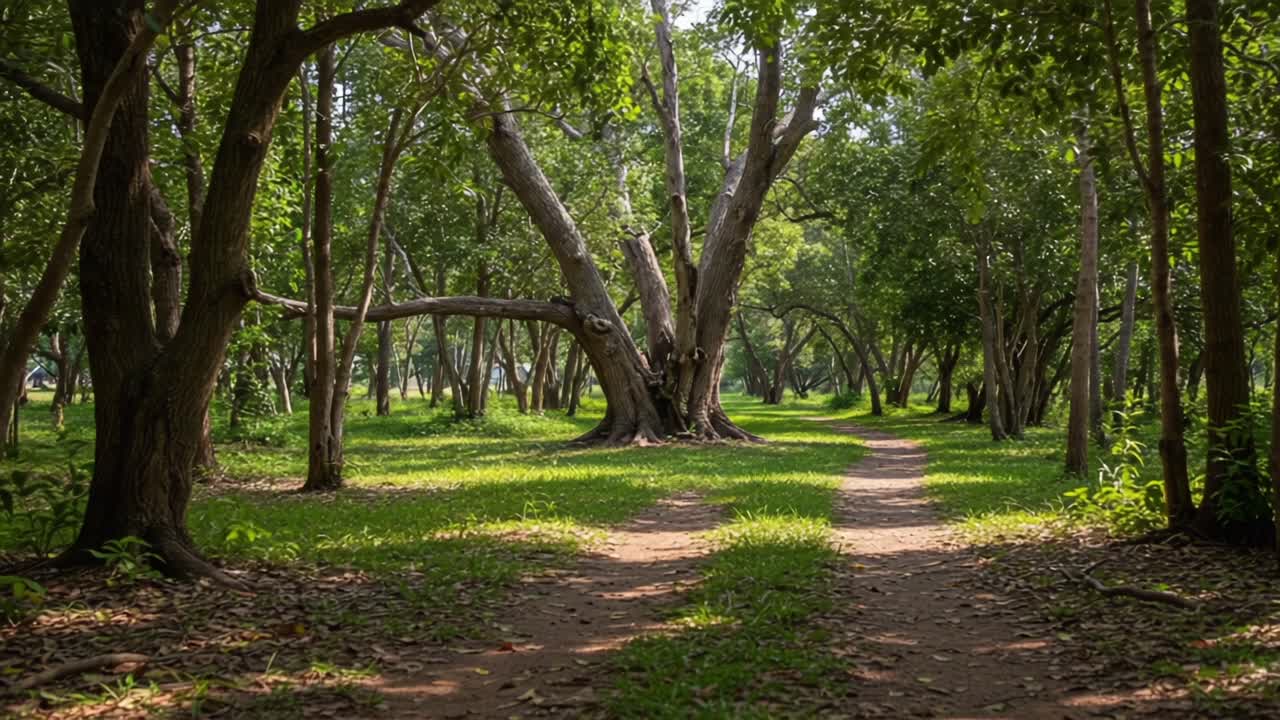 A Tranquil Path Through a Lush Forest: Discover the Beauty of Nature and Serenity Beneath the Canopy of Trees on a Sunlit Day