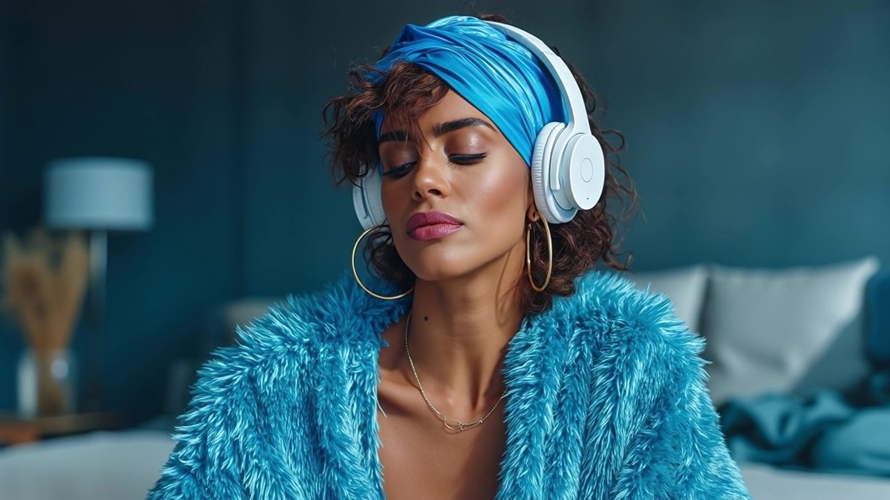 Donna serena con turbante blu e cuffie che ascolta musica a occhi chiusi in interni.
