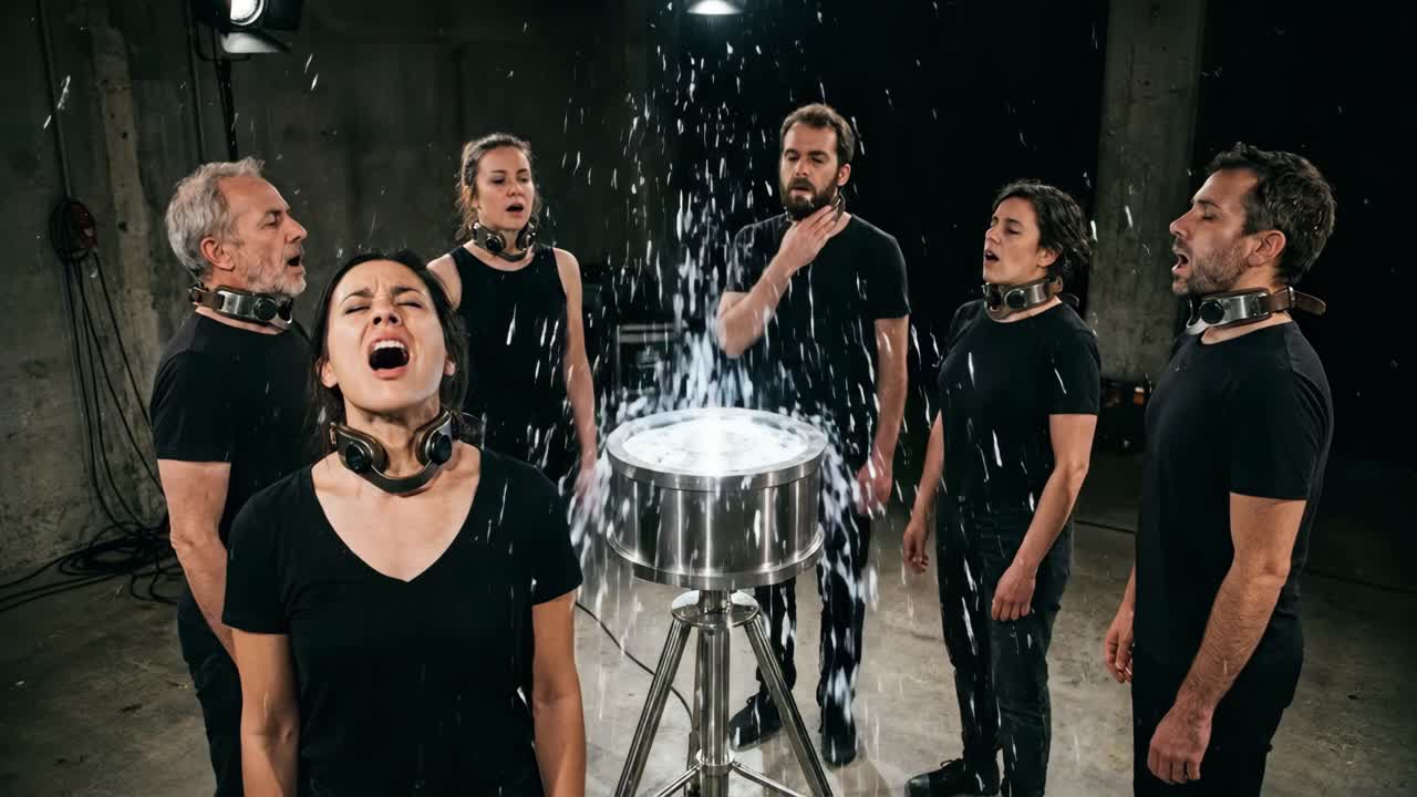 Group of People Reacting to a Mysterious Device Spraying Water