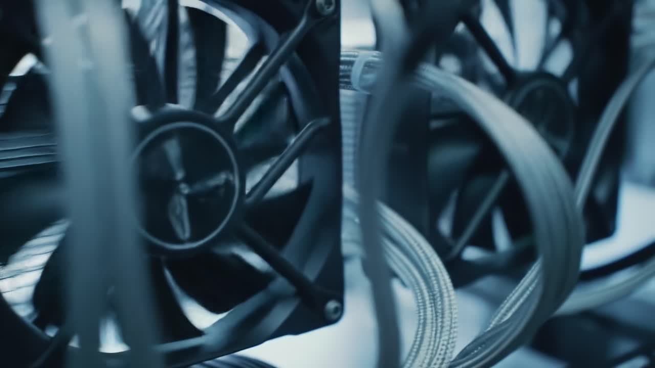 Focus on intricate details of computer hardware components in a tech environment. The scene highlights fans and cooling systems that keep computers running efficiently, showcasing modern technology.