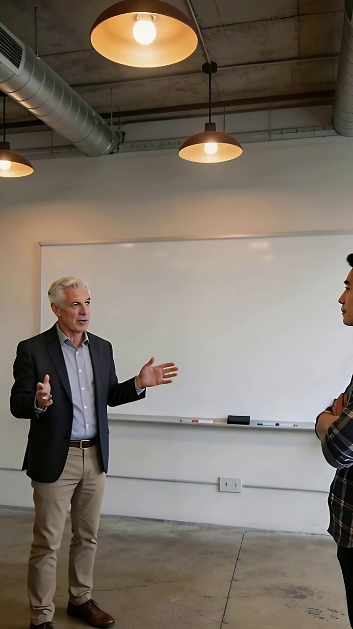 Vertical video: Pointing at whiteboard starting senior explaining plan in office, blazer visible