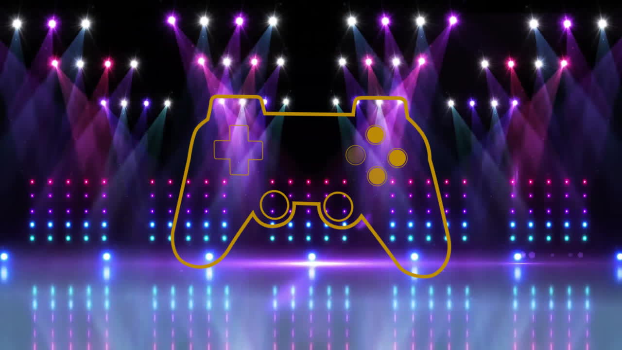 Animation of game controller outline with colorful stage lights and reflections