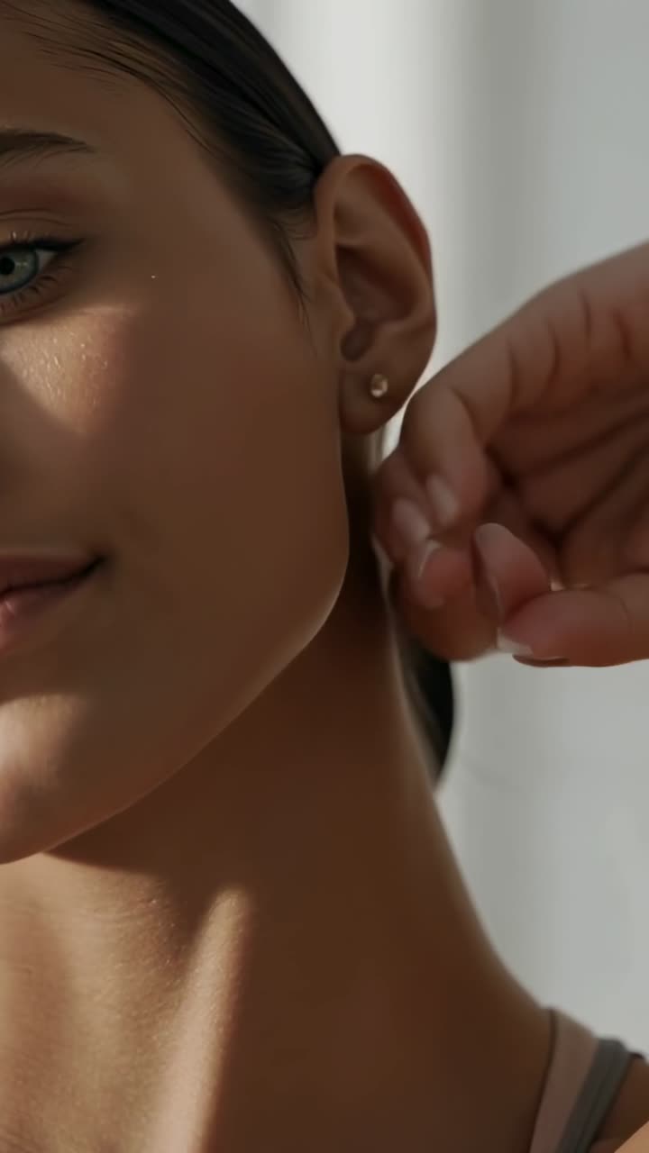 Video verticale: Mano che entra nell'inquadratura, modella che sistema un orecchino e posa in studio, indossando un top leggero.