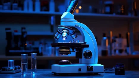 un microscopio sentado en la parte superior de una mesa en un laboratorio