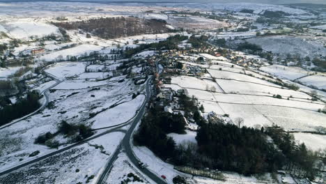 North-York-Moors-Schneeszene-Drohnenflug,-Castleton,-Westerdale,-Rosedale,-Flug-über-Castleton,-Schwenk-Nach-Oben,-Winterkälte-Und-Stimmungsvolle-Wolken,-Phantom-4,-Clip-7