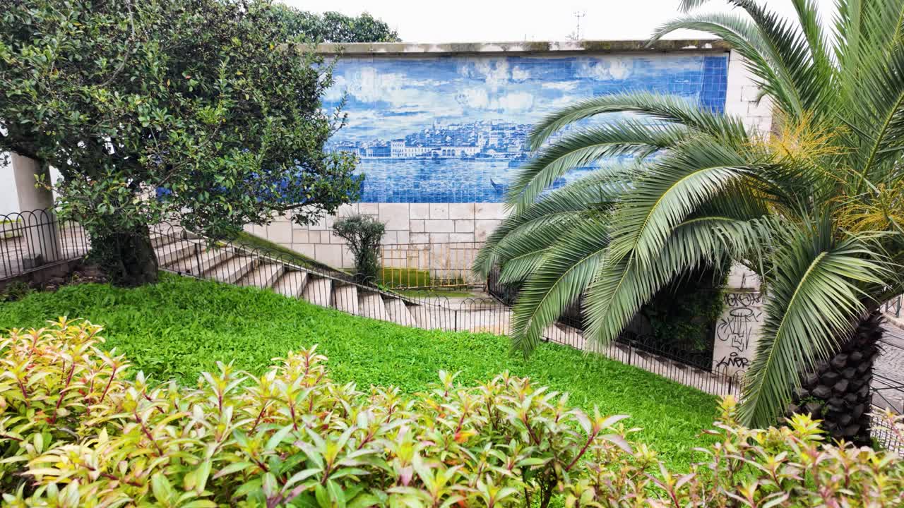 Slow motion video of mosaic artwork at Miradouro Santa Luzia