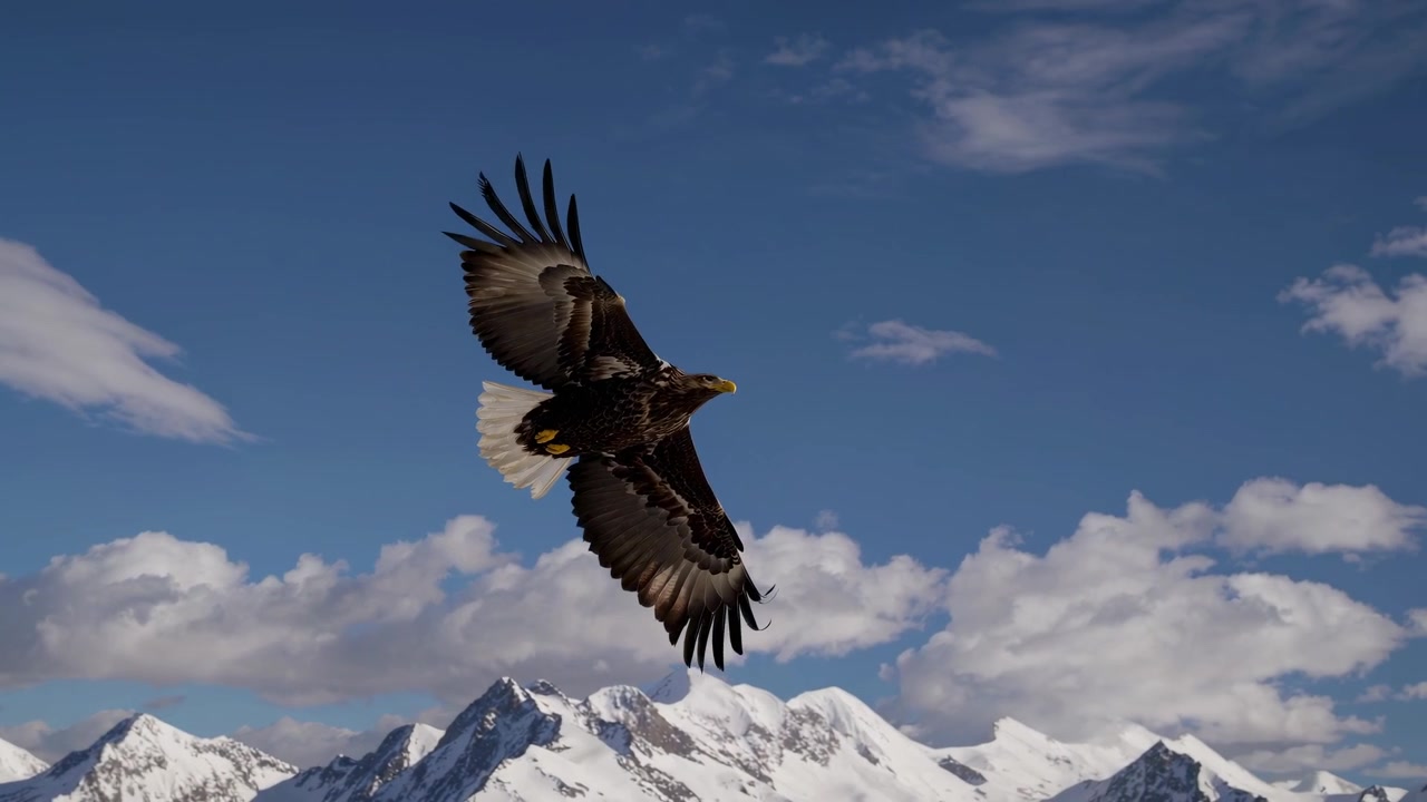 L'aquila calva sorvola le cime delle montagne innevate