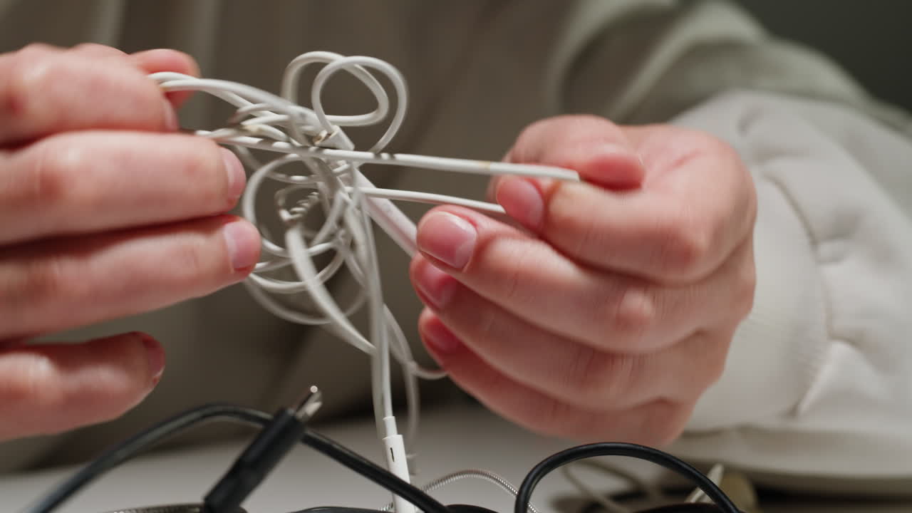Young woman trying to untangle many various of wires close-up. Tangled wires and cables on table. Trying to untangle many messy and chaos cables