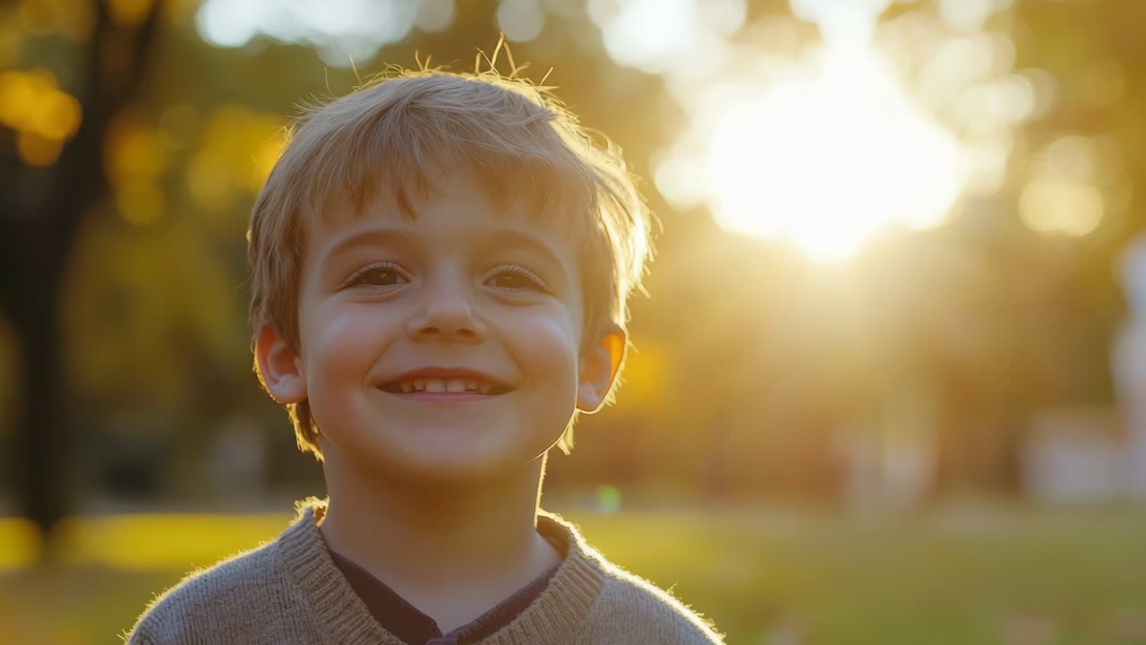 Um frame de vídeo de uma criança sorrindo em um parque ao pôr do sol. Capturado com uma tomada em ângulo baixo