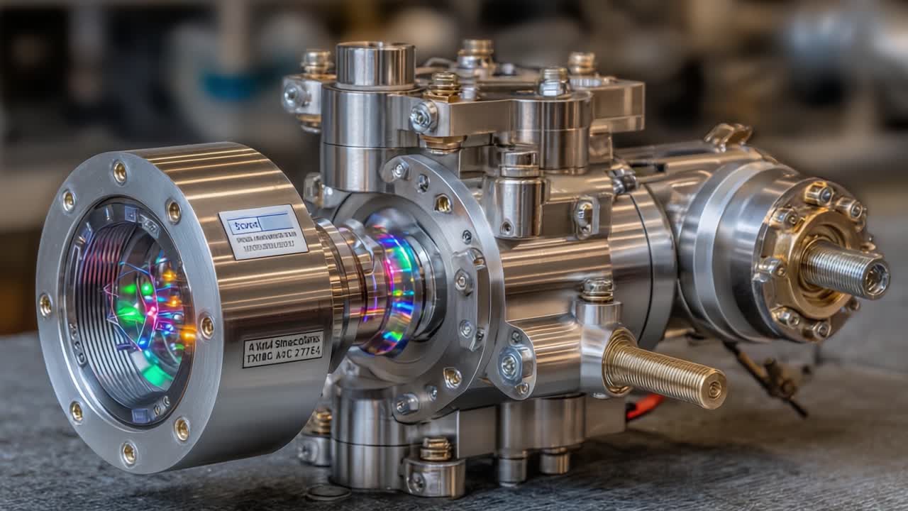 Close-Up of an Innovative Mechanical Device Displaying Colorful Light Effects and Precision Engineering in a Laboratory Setting