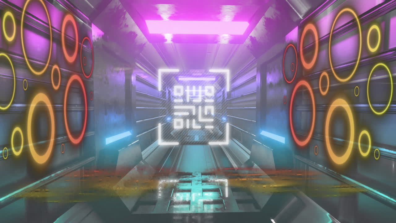 escáner de código qr con elementos de neón contra el túnel brillante