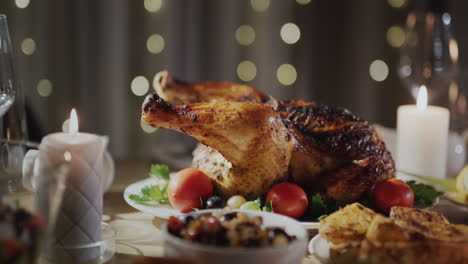 baked festive turkey on the table. thanksgiving celebration