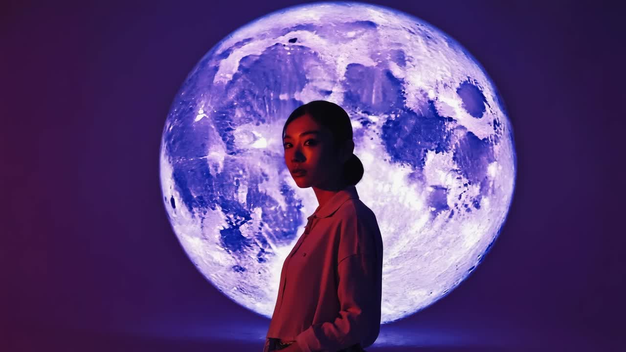 Portrait of a Woman in Front of a Purple Moon